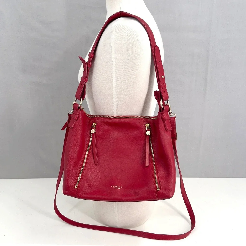 Radley London Womens Crossbody Shoulder Bag Red Pebbled Leather Zip Details